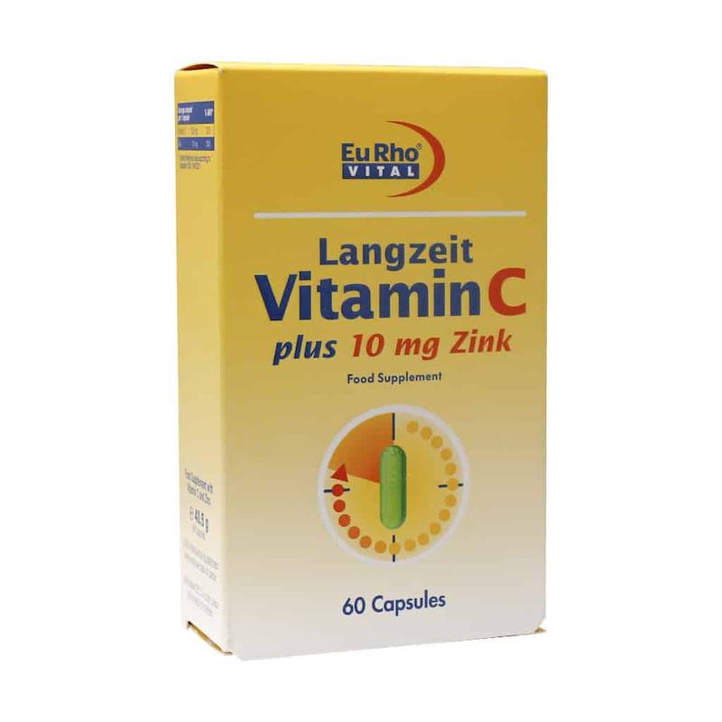 کپسول ویتامین C و زینک (۱۰) میلی گرم یوروویتال ۶۰ عدد___EuRho Vital Langzeit Vitamin C plus Zink lomg  ۶۰
