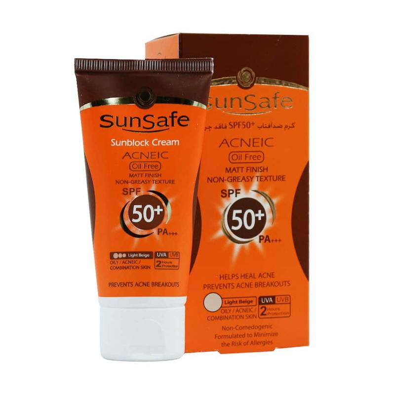 کرم ضد آفتاب SPF50 فاقد چربی سان سیف مناسب پوست های چرب و آکنه ای بژ روشن۵۰ میلی لیتر ________Sunsafe Sunsblock Cream SPF50+ Acneic Oil Free 50 ml