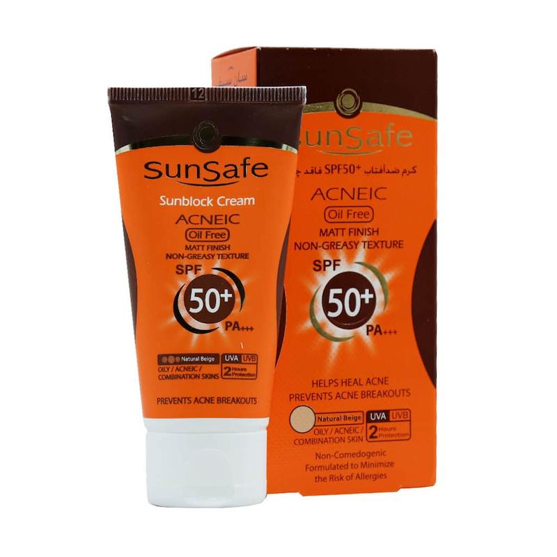 کرم ضد آفتاب SPF50 فاقد چربی سان سیف مناسب پوست های چرب و آکنه ای بژ طبیعی حجم۵۰ میلی لیتر________ Sunsafe Sunsblock Cream SPF50+ Acneic Oil Free 50 ml