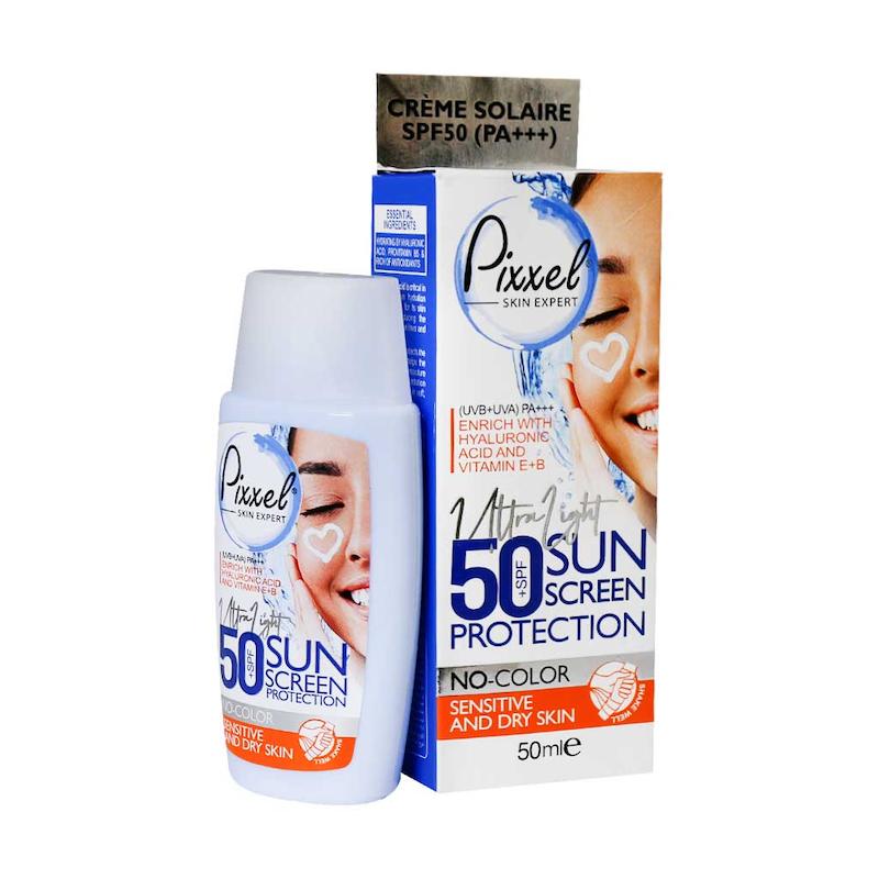کرم ضد آفتاب SPF50 بی رنگ پیکسل مناسب پوست خشک و حساس 50 میلی لیتر_________ Pixxel SPF50 Sunscreen Cream For Dry and Sensitive Skin 50 ml
