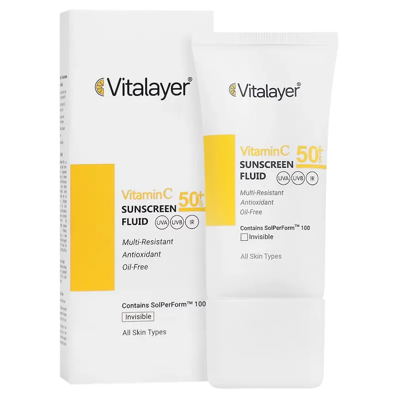 ضد آفتاب ویتالیر فلوئید ویتامین C ویتالیر SPF50+ بی‌رنگ (Invisible) مناسب انواع پوست حجم ۵۰ میلی‌لیتر_________ Vitalayer Vitamin C Sunscreen Fluid SPF50+ Invisible for All Skin Types 