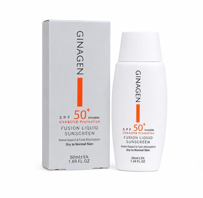 لیکوئید ضد آفتاب بی رنگ پوست خشک و نرمال SPF50 ژیناژن 50 میلی لیتر _________Ginagen SPF50 Fusion Liquid Sunscreen For Dry Skin 50 ml