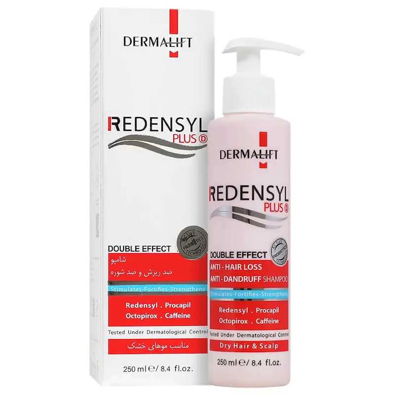 شامپو ضد ریزش و ضد شوره موی خشک ردنسیل در مالیفت  Dermalift Redensyl Double Effect Anti Hair Loss And Anti Dandruff Shampoo For Dry