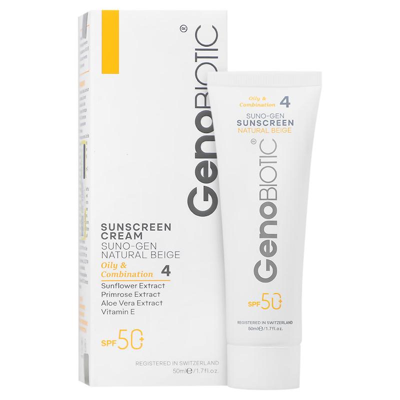 ضد آفتاب بژ طبیعی۴ پوست چرب و مختلط SPF50 ژنوبایوتیک فاقد چربی_فاقد پارابن