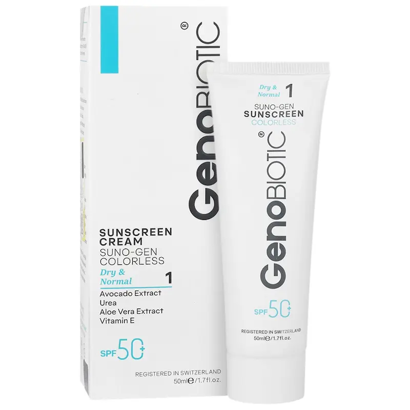 ضد آفتاب بی رنگ ۱ ژنوبایوتیک با SPF50 مناسب خشک