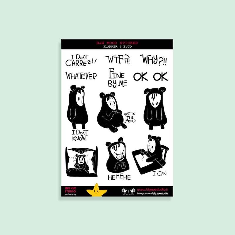 استیکر مدل مود سیاه و سفید، استیکر مینیمال دفتر Black and white mood sticker, minimal aesthetic sticker set