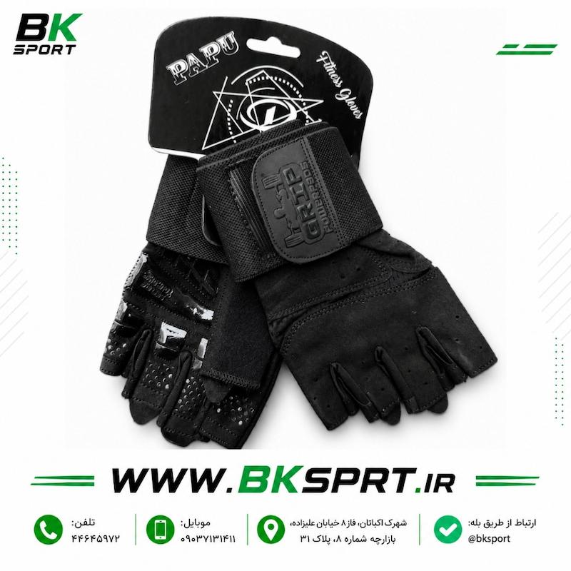 دستکش بدنسازی مچ‌دار پاپو (PAPU) طرح Grip PowerPads | نیم‌انگشتی و ضد لغزش