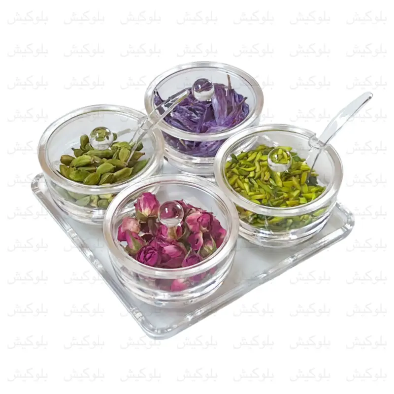 ست اردو خوری و پذیرایی تایوانی ۴ پیاله درب‌دار با سینی و قاشق 