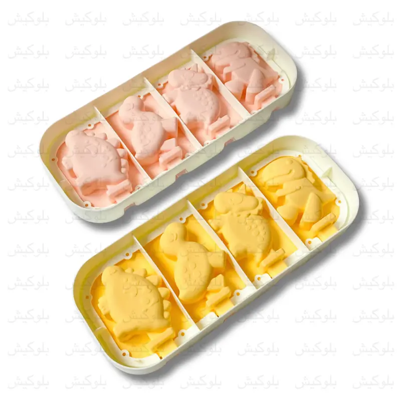 قالب بستنی سیلیکونی ۴ خانه طرح دایناسور کودکانه با چوب بستنی بلوکیش