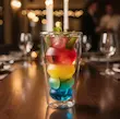 لیوان شیشه‌ای دوجداره مدرن 240 میلی‌لیتری با نوشیدنی چند لایه رنگی و تزئین برگ نعناع روی میز رستوران