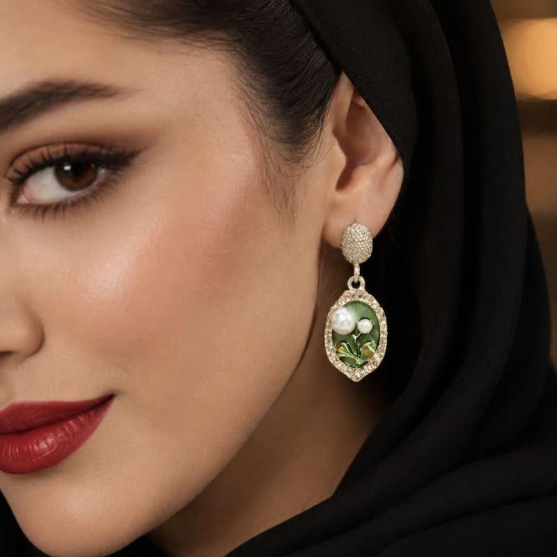 گوشواره میناکاری رنگی مدل گل مرواریدی سبز
