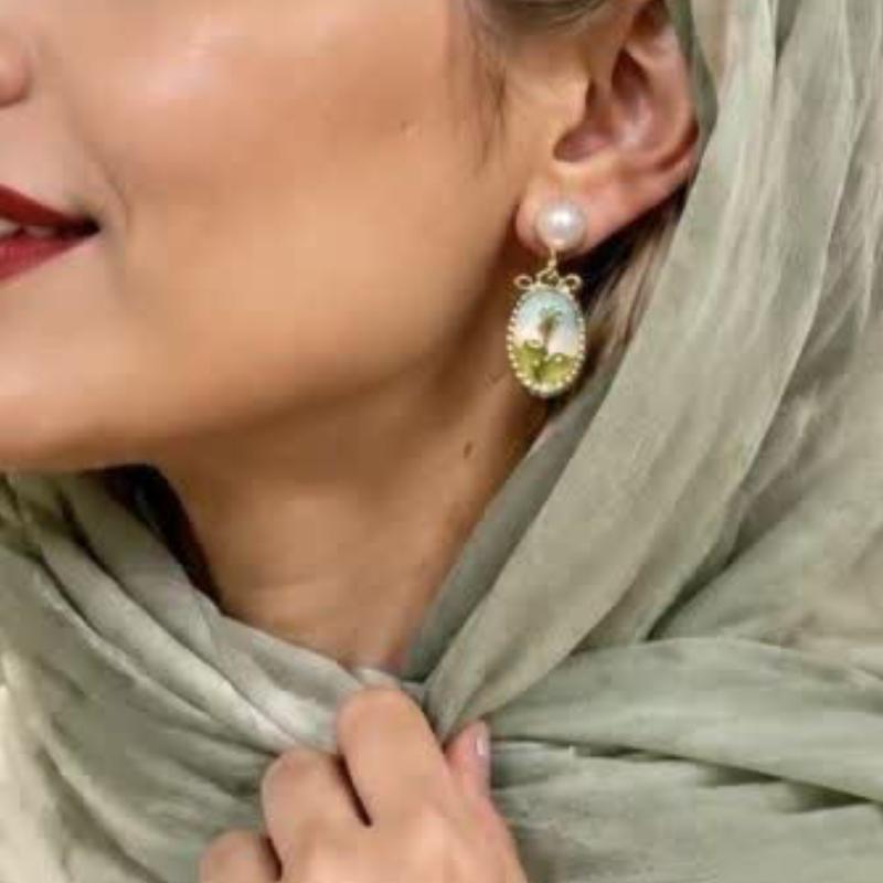 گوشواره میناکاری رنگی مدل گل لاله سبز