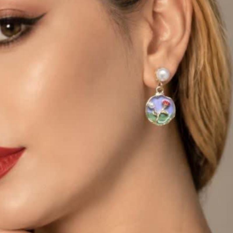 گوشواره میناکاری مدل گل لاله بنفش