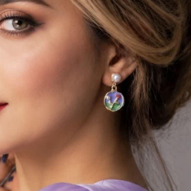 گوشواره میناکاری مدل گل لاله بنفش