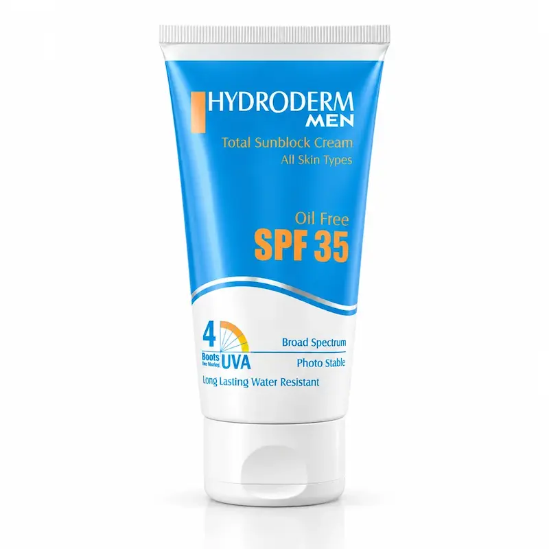 کرم ضد آفتاب آقایان هیدرودرم SPF 35 فاقد چربی مناسب انواع پوست حجم ۵۰ میلی‌لیتر