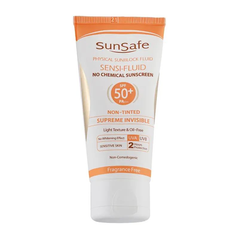 فلوئید ضد آفتاب بی رنگ سان سیف با SPF50 مناسب پوست حساس حجم 50 گرم
