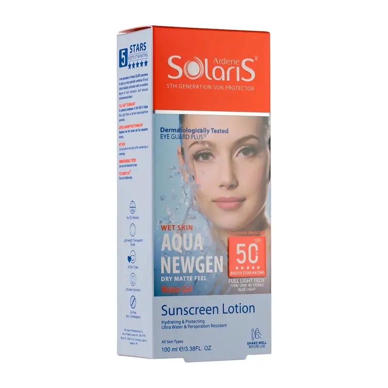 لوسیون ضد آفتاب سولاریس آردن مدل Aqua Newgen با +SPF50 مناسب انواع پوست حجم 100 میلی لیتر