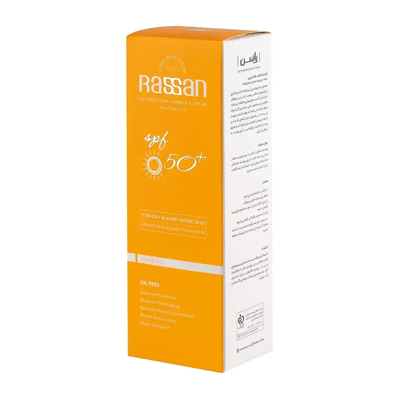 کرم ضد آفتاب بی رنگ راسن با SPF 50 مناسب پوست چرب و مستعد آکنه حجم 40 میلی لیتر