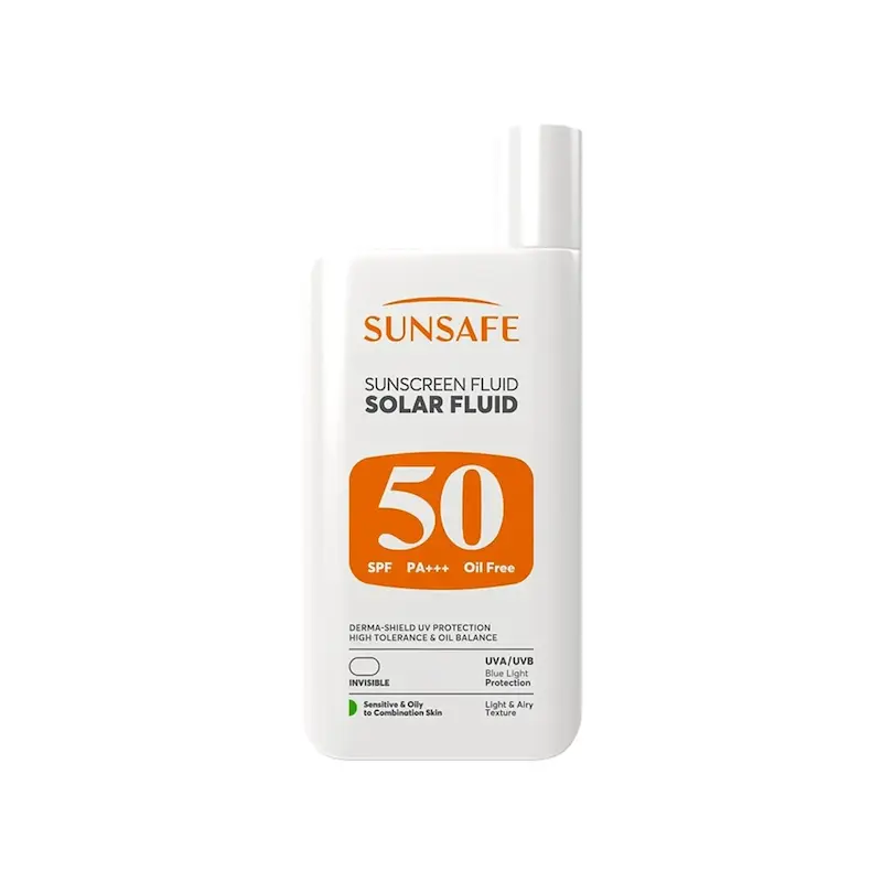 ضد آفتاب سولار فلوئید سان سیف SPF50 مناسب پوست حساس، چرب و مستعد آکنه وزن 55 گرم