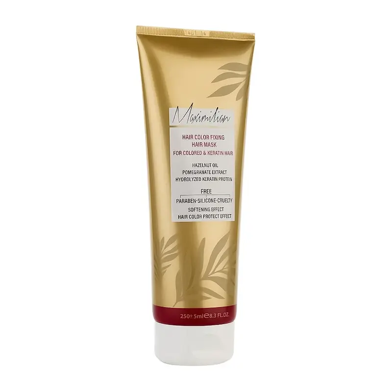 ماسک مو خارج حمام ماکسیملیان مدل تثبیت کننده رنگ مناسب مو رنگ شده و کراتیه حجم 250 میلی لیتر تیوپ قرمز