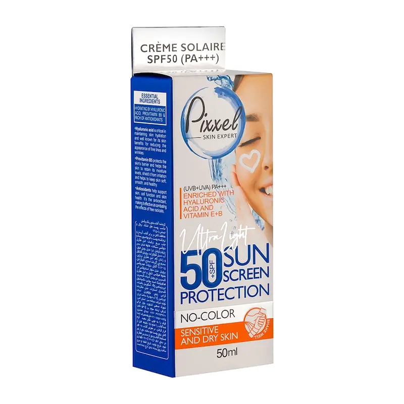 کرم ضد آفتاب بی رنگ پیکسل SPF50 مناسب پوست خشک و حساس حجم 50 میلی لیتر