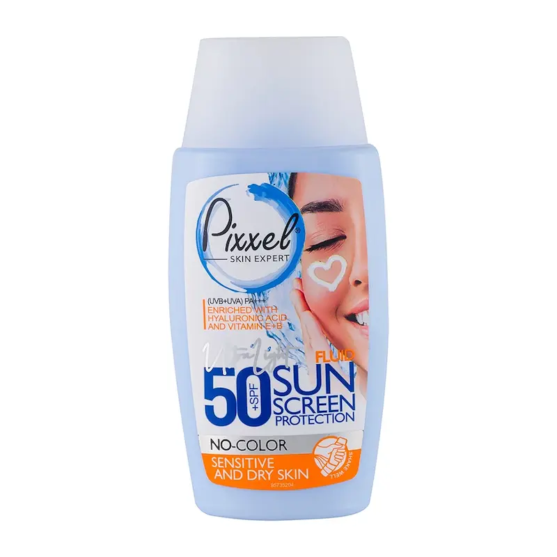 کرم ضد آفتاب بی رنگ پیکسل SPF50 مناسب پوست خشک و حساس حجم 50 میلی لیتر