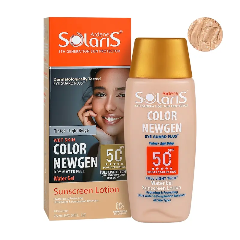 لوسیون آبی ضد آفتاب رنگی فاقد چربی آردن سولاریس سری Color Newgen با +SPF50 مناسب انواع پوست حجم 75 میلی لیتر