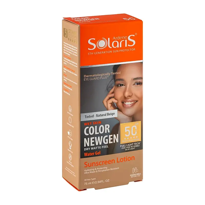 لوسیون آبی ضد آفتاب رنگی فاقد چربی آردن سولاریس سری Color Newgen با +SPF50 مناسب انواع پوست حجم 75 میلی لیتر