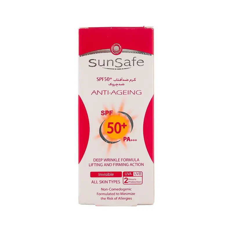 کرم ضد آفتاب و ضد چروک بی رنگ سان سیف با SPF50 مناسب انواع پوست حجم 50 میلی لیتر