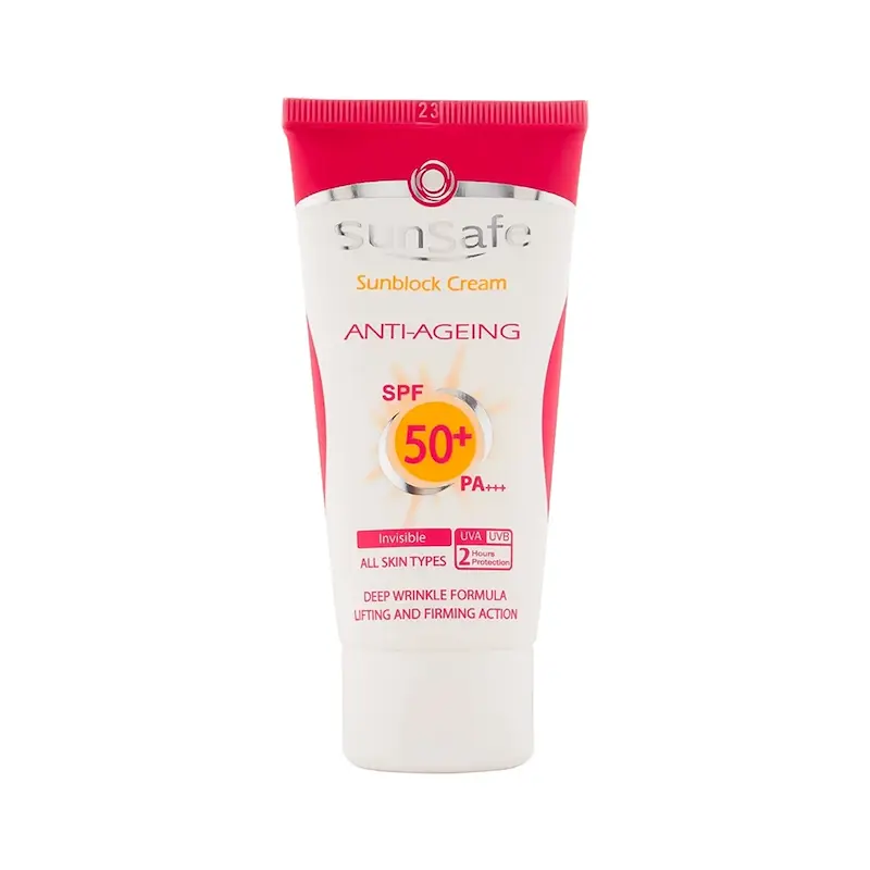 کرم ضد آفتاب و ضد چروک بی رنگ سان سیف با SPF50 مناسب انواع پوست حجم 50 میلی لیتر