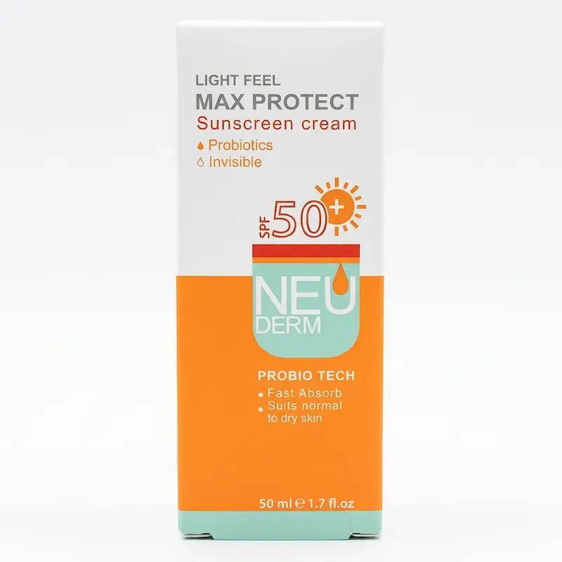 کرم ضد آفتاب بی رنگ نئودرم مدل Max Protect SPF50 مناسب پوست چرب حجم 50 میلی لیتر