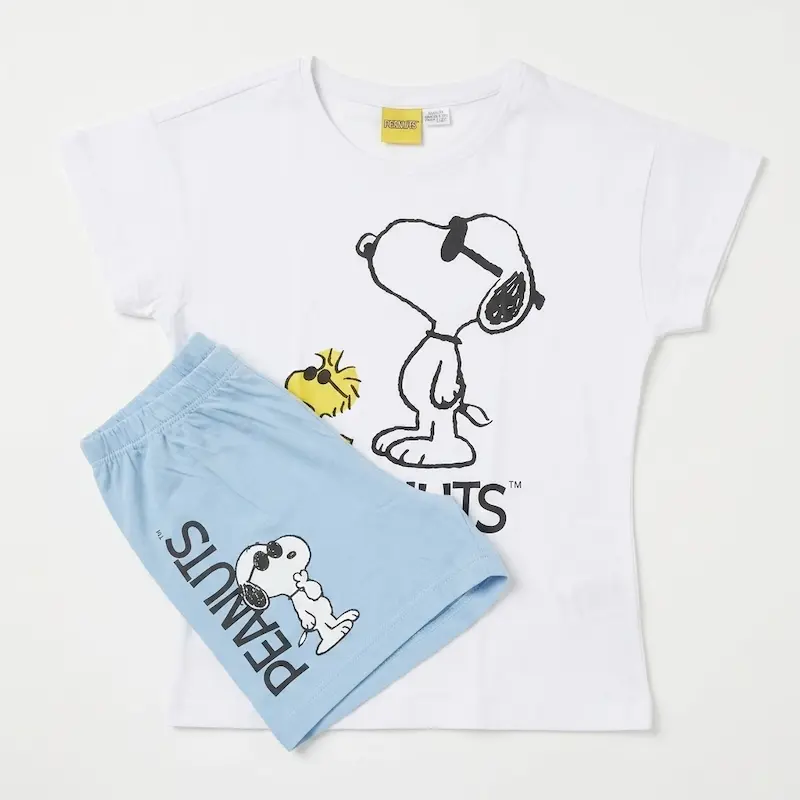 ست تیشرت سفید و شلوارک آبی دخترانه طرح اسنوپی و وودستک برند Peanuts