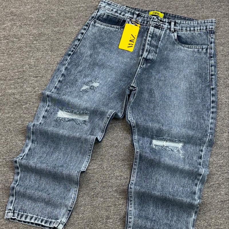 شلوار مام فیت آبی زانو زاپ