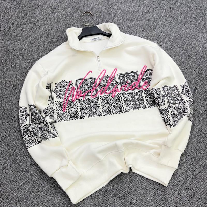 دورس نیم زیپ گلدوزی صورتی رنگ سفید