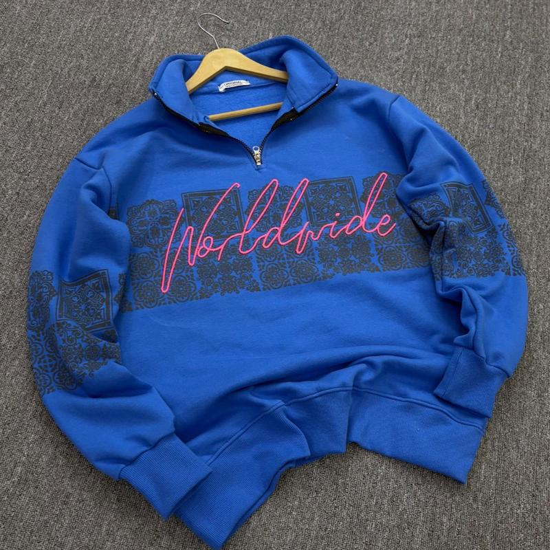 دورس نیم زیپ گلدوزی صورتی رنگ آبی