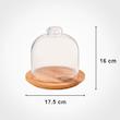 ظرف سرو پنیر پایه چوبی با درپوش شیشه‌ای شفاف، ابعاد 17.5×17.5×16، وزن 500 گرم، مناسب شستشو با دست، فرم دایره‌ای