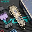 ماشین اصلاح موی سر و صورت وی جی آر مدل V-005 با تیغه کربن استیل و متالوژیک پودری، باتری لیتیومی 2600 میلی‌آمپر، نمایشگر LED، قابلیت تنظیم سرعت و 8 شانه اندازه‌گیری از 1.5 تا 19 میلی‌متر، مدت استفاده 250 دقیقه پس از شارژ کامل
