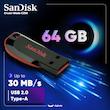 فلش مموری 64 گیگابایت سن دیسک مدل Cruzer Blade CZ50 با رابط USB 2.0، بدنه مات مقاوم در برابر اثر انگشت، قابلیت رمزگذاری نرم‌افزاری و شیار اتصال بند