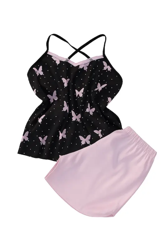 ست لباس خواب زنانه طرح پروانه صورتی مشکی