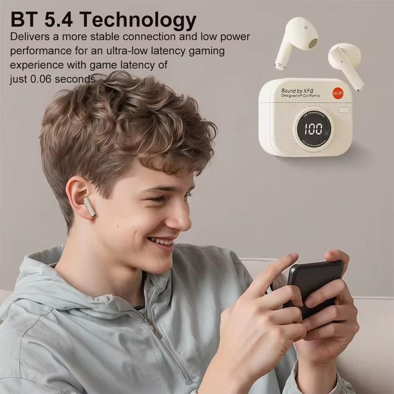 هندزفری وایرلس اسنپ ساند مدل دوربین عکاسی، هدست وایرلس پینترستی اسنپ ساند Snap Sound KFG Retro Camera Style Wireless Earbuds Bluetooth 5.3 3D Sound Hi-Fi Audio Available in Green