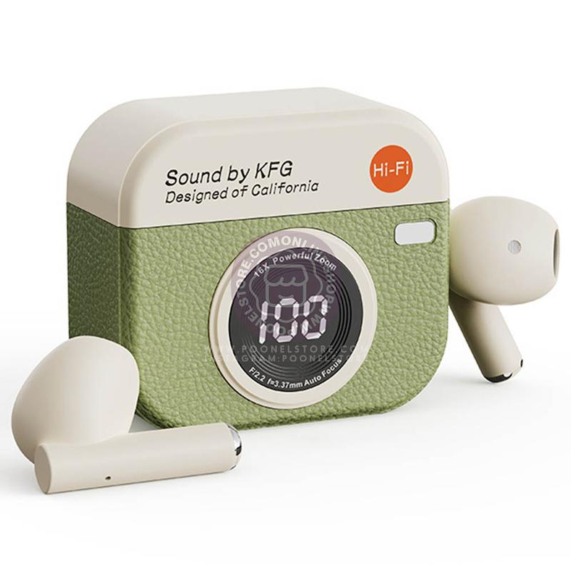 هندزفری وایرلس اسنپ ساند مدل دوربین عکاسی، هدست وایرلس پینترستی اسنپ ساند Snap Sound KFG Retro Camera Style Wireless Earbuds Bluetooth 5.3 3D Sound Hi-Fi Audio Available in Green