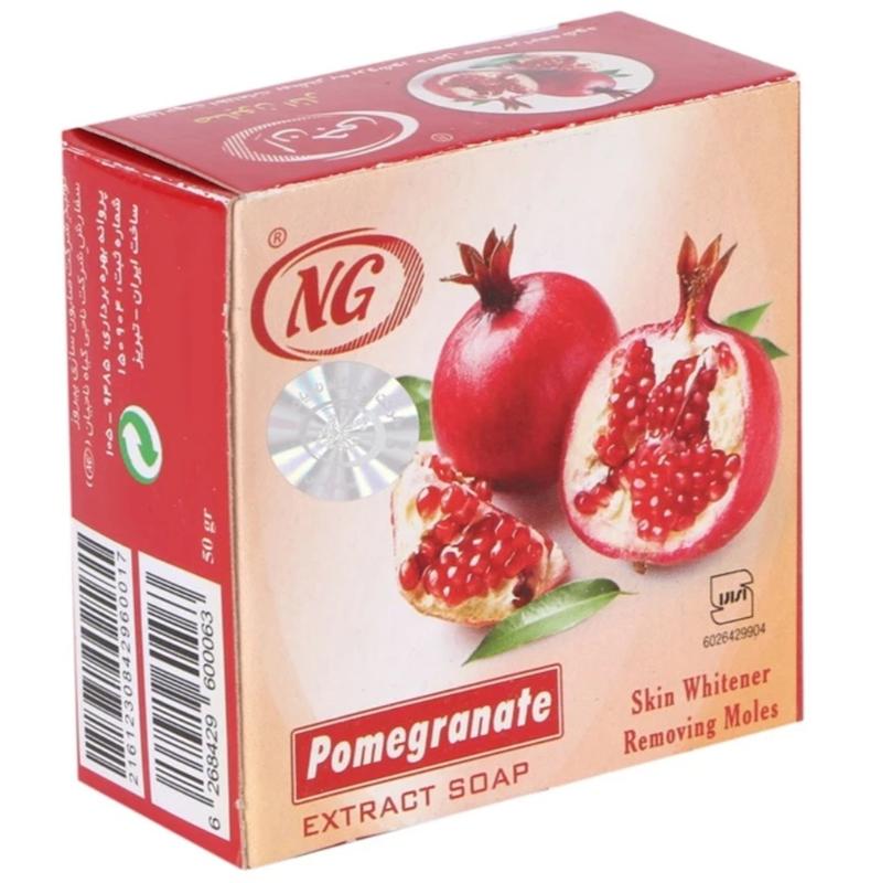 صابون تخصصی ضد لک ان جی با عصاره طبیعی انار، روشن کننده، مرطوب کننده، موثر در درمان جوش و لک، وزن 50 گرم به همراه ماسک میوه ای ویتامینه صورت NG PomeGranate Extract Soap Skin Whitener RemovinG Moles Poonel Store Online ShoppinG Platform