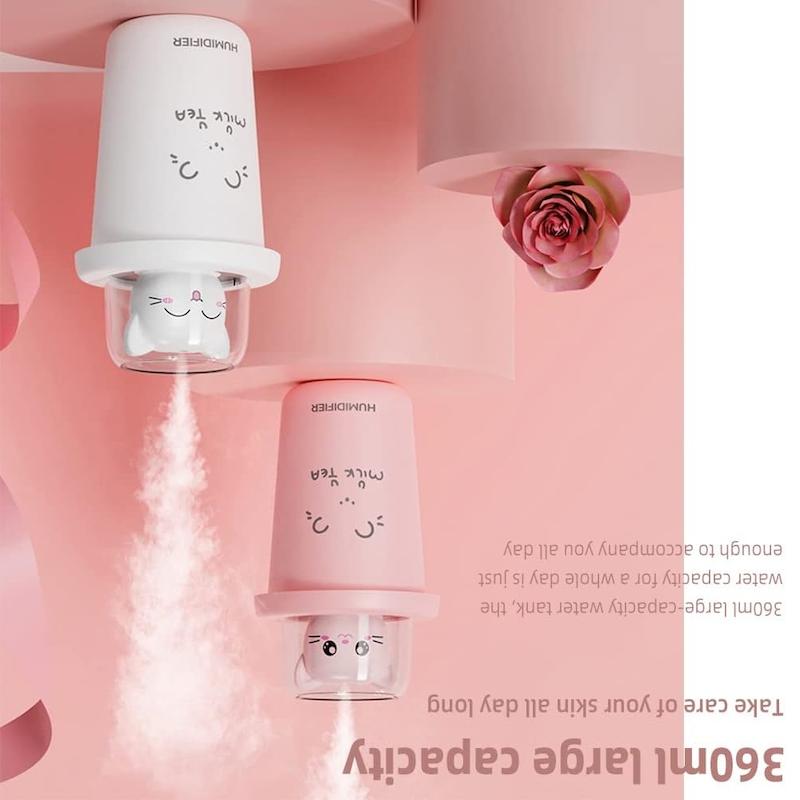 گجت هوشمند رطوبت رسان محیط، دستگاه پرتابل بخور سرد پینترستی نسخه وارداتی مناسب برای رطوبت رسانی و خوشبو کردن محیط کار، منزل، حمام، اتاق خواب Milk Cup Humidifier USB Portable Desktop Humidifier With Colorful NiGht LiGht Function 2 Spray Modes Ultra Quiet Humidifier For Car Baby Home Office Room Bedroom