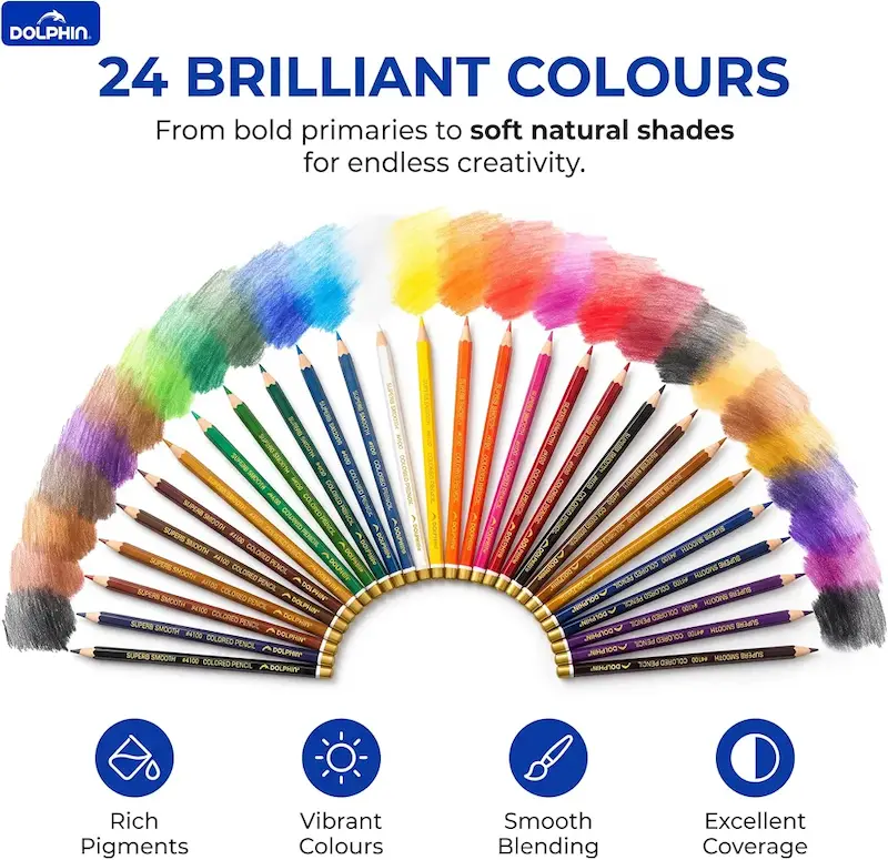 مدادرنگی پرمیوم آرتیست سافت کر دولفین جعبه ای نسخه وارداتی اورجینال پکیج ۲۴ عددی Dolphin ColourinG Pencils 24 Colours Premium Coloured Pencil Set for Kids Students & Artists Soft Core Colour Pencils for DrawinG SketchinG ColourinG Books & School Break Resistant Leads