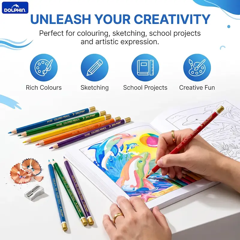 مدادرنگی پرمیوم آرتیست سافت کر دولفین جعبه ای نسخه وارداتی اورجینال پکیج ۲۴ عددی Dolphin ColourinG Pencils 24 Colours Premium Coloured Pencil Set for Kids Students & Artists Soft Core Colour Pencils for DrawinG SketchinG ColourinG Books & School Break Resistant Leads