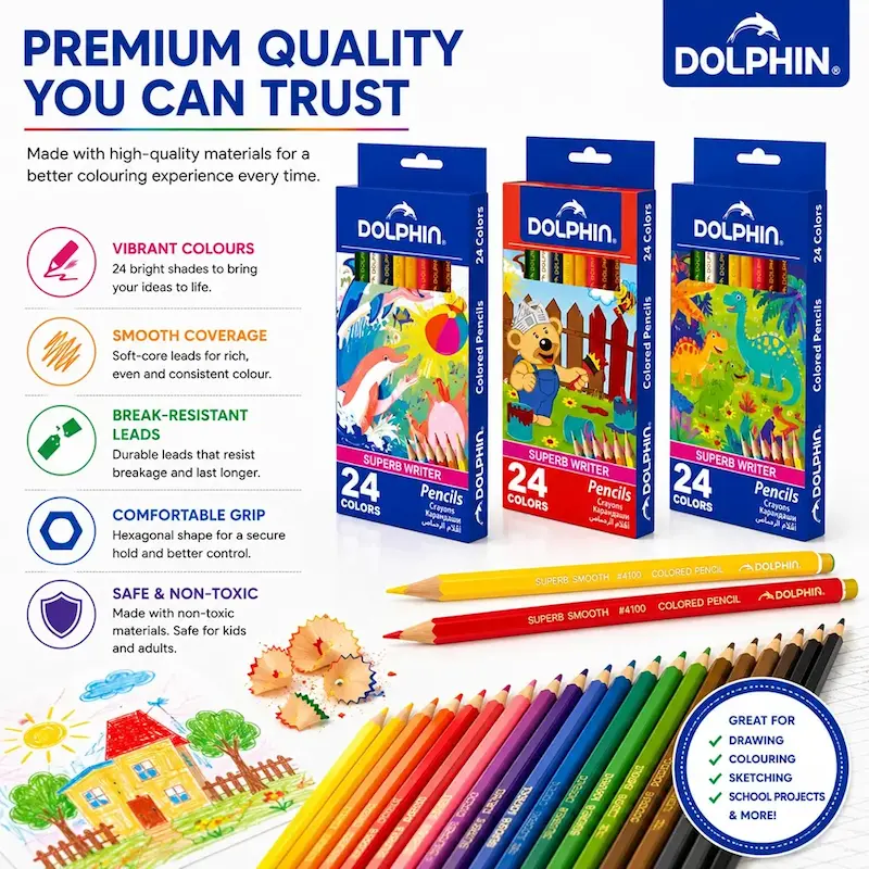 مدادرنگی پرمیوم آرتیست سافت کر دولفین جعبه ای نسخه وارداتی اورجینال پکیج ۲۴ عددی Dolphin ColourinG Pencils 24 Colours Premium Coloured Pencil Set for Kids Students & Artists Soft Core Colour Pencils for DrawinG SketchinG ColourinG Books & School Break Resistant Leads