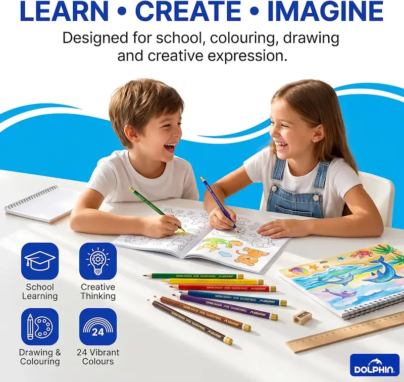 مدادرنگی پرمیوم آرتیست سافت کر دولفین جعبه ای نسخه وارداتی اورجینال پکیج ۲۴ عددی Dolphin ColourinG Pencils 24 Colours Premium Coloured Pencil Set for Kids Students & Artists Soft Core Colour Pencils for DrawinG SketchinG ColourinG Books & School Break Resistant Leads