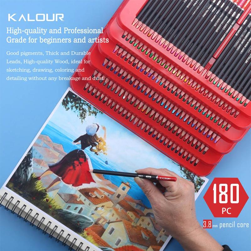 مدادرنگی پریمیوم Kalour مناسب برای بزرگسالان مجموعه 180 رنگ هسته نرم مبتنی بر موم هنرمندان شماره گذاری و نامگذاری شده ایده آل برای نقاشی رنگ آمیزی طراحی مداد هنری برای کودکان مبتدی kalour iron box 180 art color pencils code 771025 www.poonelstore.com