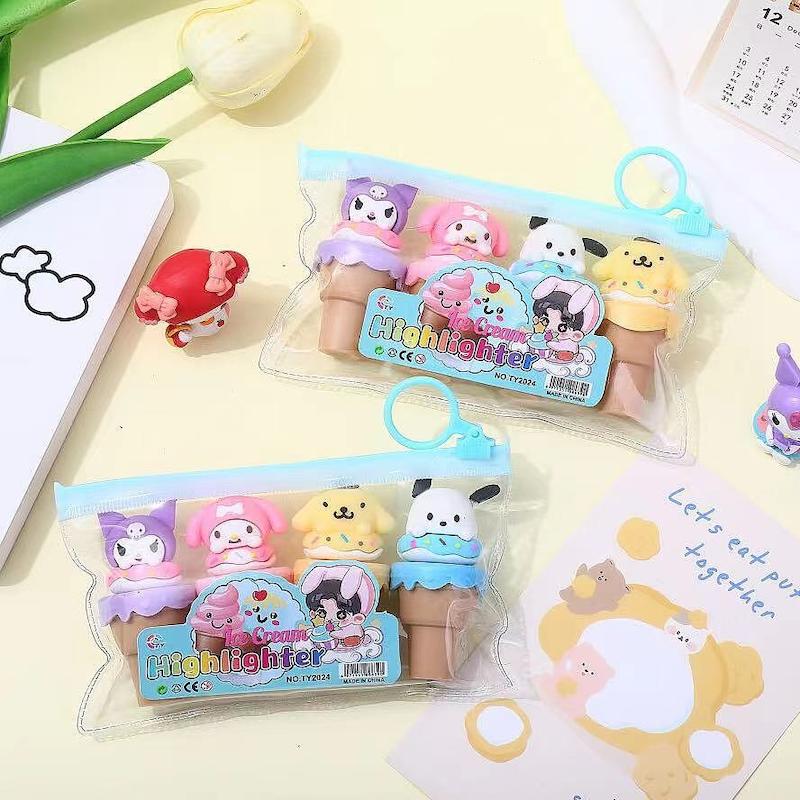 ماژیک هایلایترفانتزی، ماژیک علامت زن پینترستی بسته ۴ عددی cute student animation characters highlighter markers stationery pack of 4 www.poonelstore.com