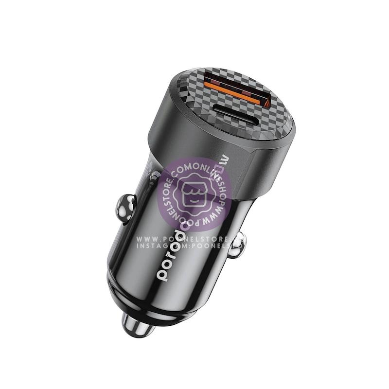 آداپتور شارژر فندکی خودرو پرودو توان 50 وات دارای دو پورت کد 78441028 porodo 50W dual port car charger PD 20W QC3.0 30W with USB C to USB C cable 50W total output USB A and USB C outputs compact and portable www.poonelstore.com